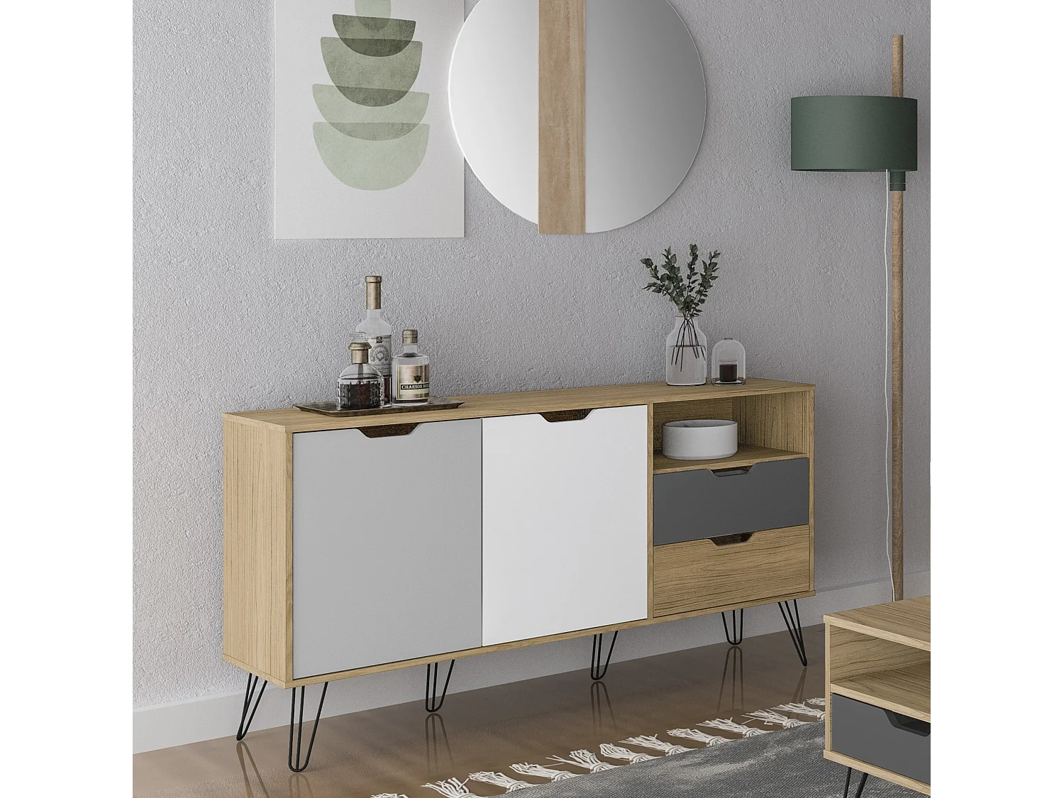 Aparador ESTOCOLMO 2 puertas y 2 cajones en MDF lacado. Colores:blanco, gris claro, oscuro y roble. Med:140x39x76,5H cm