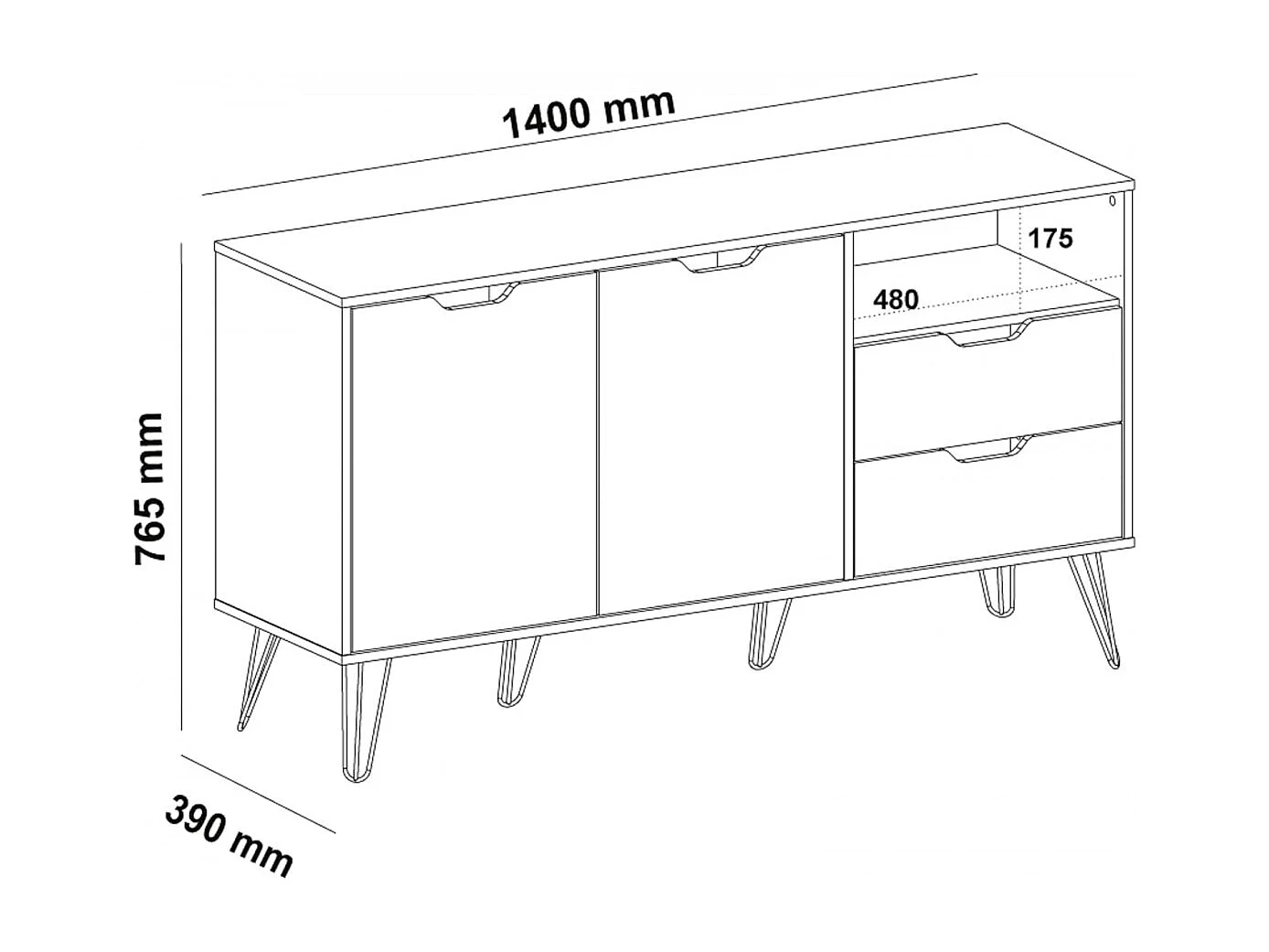 Aparador ESTOCOLMO 2 puertas y 2 cajones en MDF lacado. Colores:blanco, gris claro, oscuro y roble. Med:140x39x76,5H cm