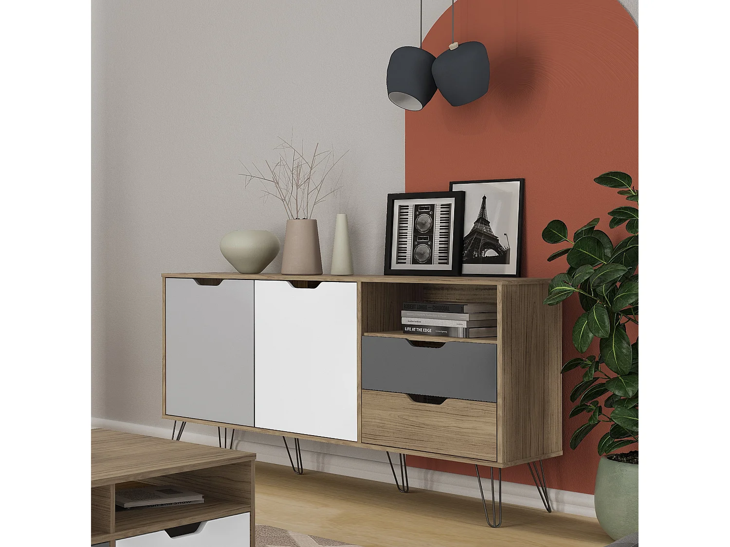 Aparador ESTOCOLMO 2 puertas y 2 cajones en MDF lacado. Colores:blanco, gris claro, oscuro y roble. Med:140x39x76,5H cm