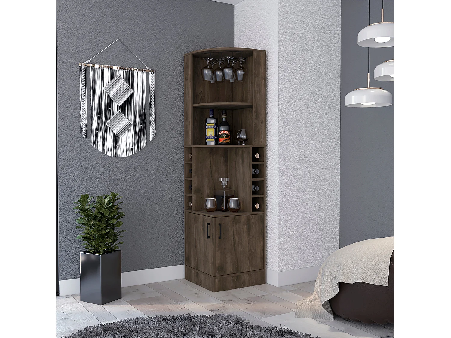 Mueble Bar Syrah en melamina con 4 estantes , 2 puertas 4 portacopas y 4 portacopas , marron , 180.6 cm  X 46.9 cm  X 46.9 cm