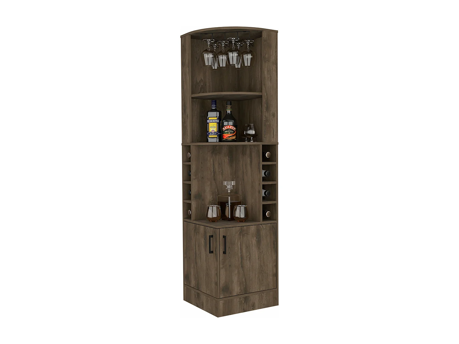 Mueble Bar Syrah en melamina con 4 estantes , 2 puertas 4 portacopas y 4 portacopas , marron , 180.6 cm  X 46.9 cm  X 46.9 cm