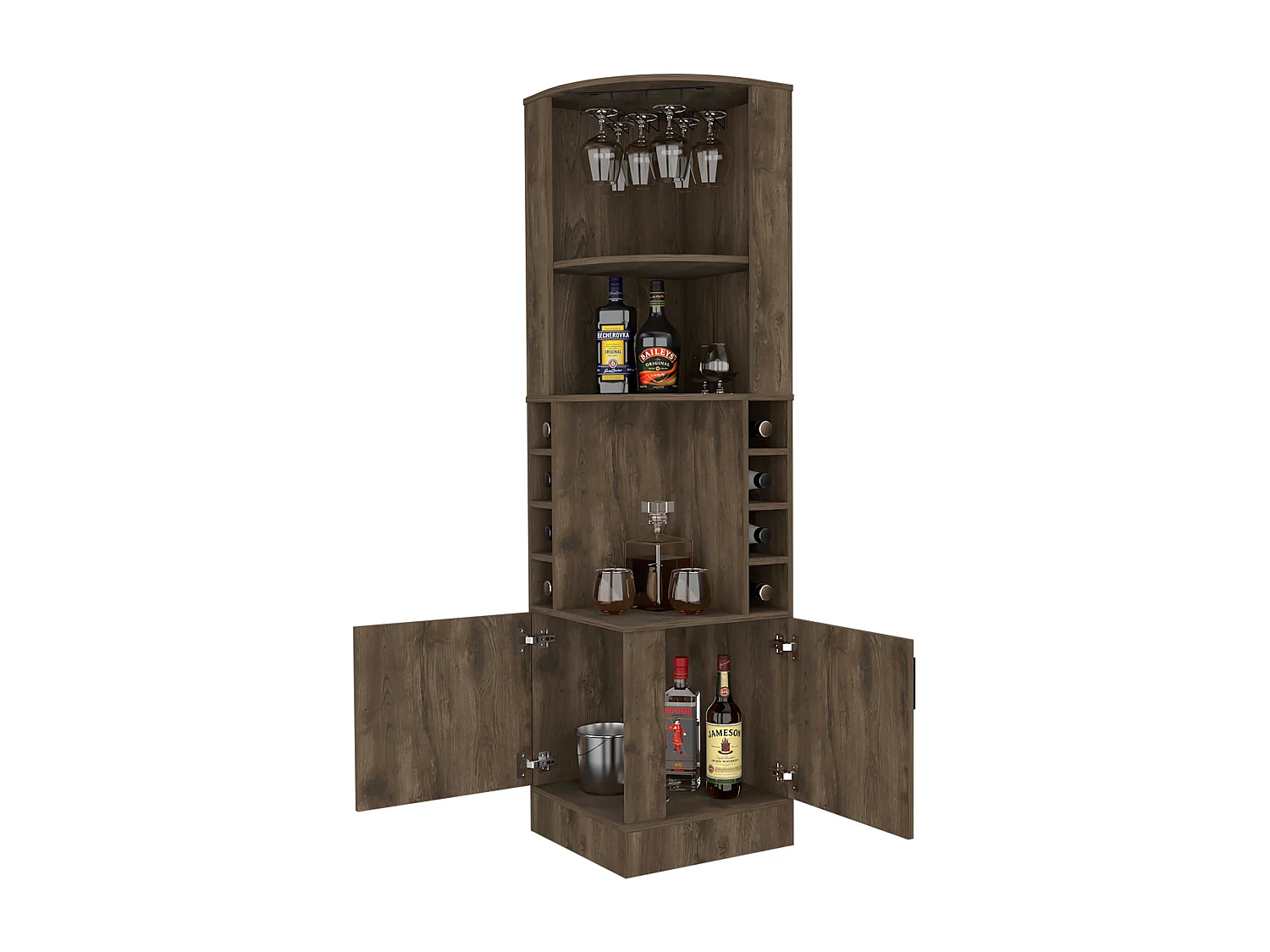 Mueble Bar Syrah en melamina con 4 estantes , 2 puertas 4 portacopas y 4 portacopas , marron , 180.6 cm  X 46.9 cm  X 46.9 cm
