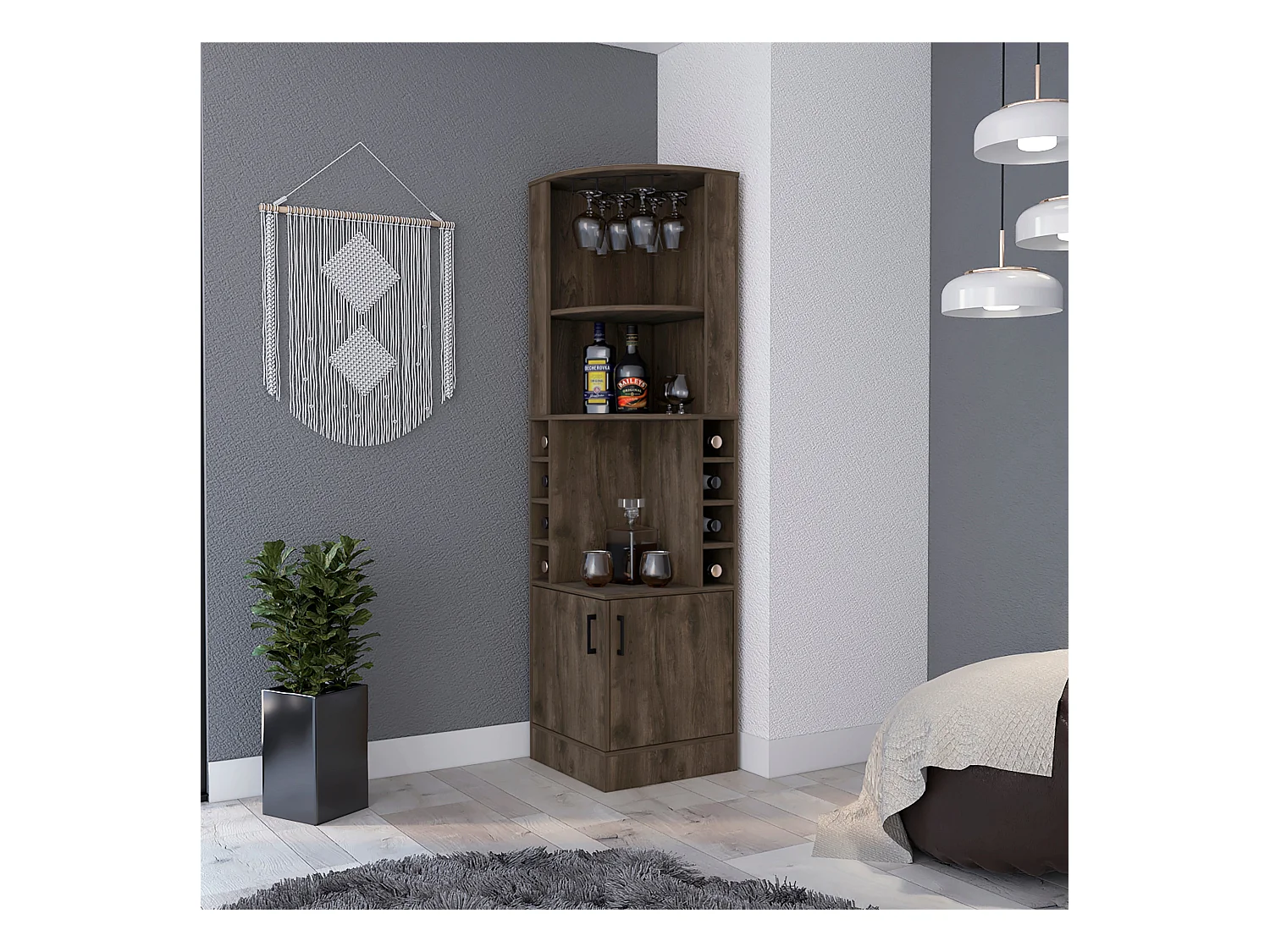 Armário bar em melamina Syrah com 4 prateleiras, 2 portas, 4 suportes para copos e 4 suportes para copos, castanho, 180.6 cm X 46.9 cm X 46.9 cm