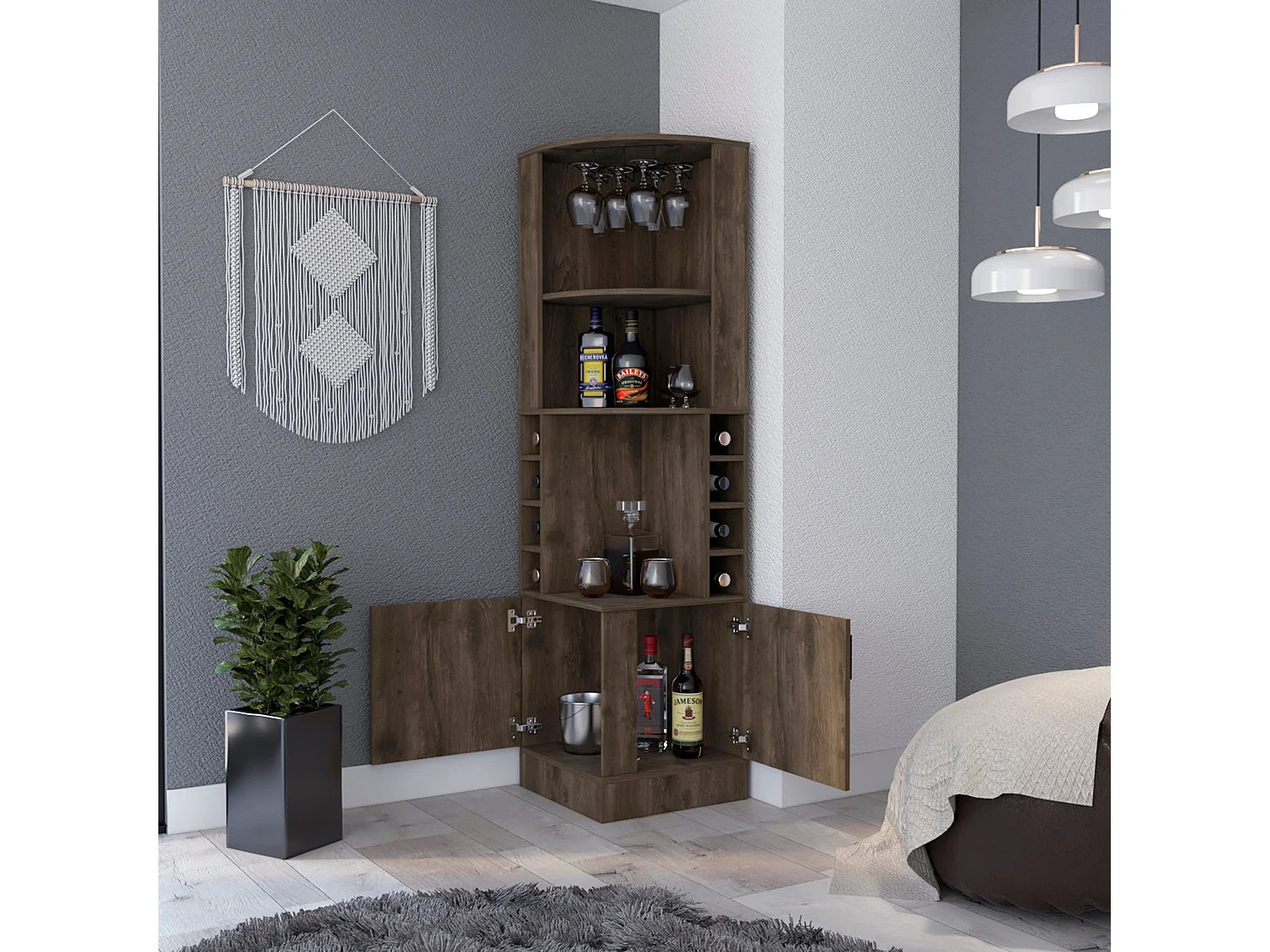 Armário bar em melamina Syrah com 4 prateleiras, 2 portas, 4 suportes para copos e 4 suportes para copos, castanho, 180.6 cm X 46.9 cm X 46.9 cm