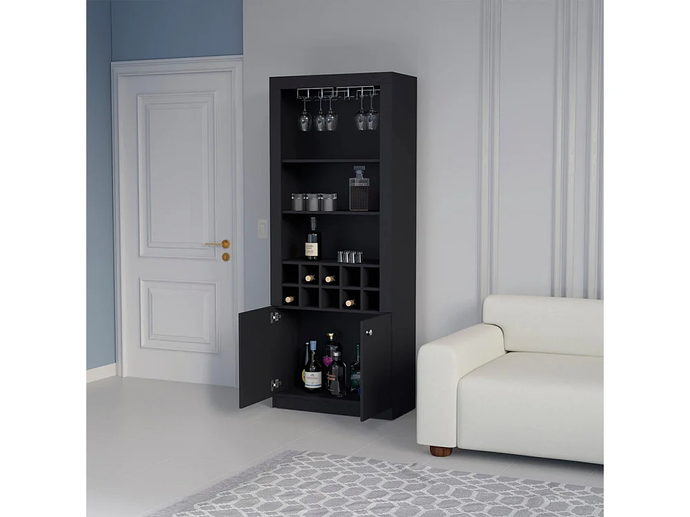 Mueble Bar Nebo en melamina con 4 estantes , 2 puertas , 10 portabotellas y 8 portacopas , negro , 190 cm  X 75 cm  X 36.5 cm