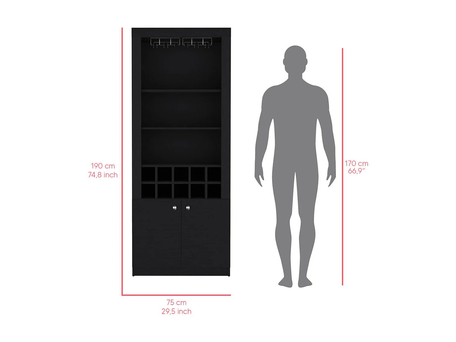 Mueble Bar Nebo en melamina con 4 estantes , 2 puertas , 10 portabotellas y 8 portacopas , negro , 190 cm  X 75 cm  X 36.5 cm