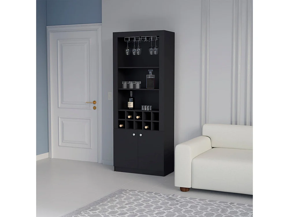 Mueble Bar Nebo en melamina con 4 estantes , 2 puertas , 10 portabotellas y 8 portacopas , negro , 190 cm  X 75 cm  X 36.5 cm