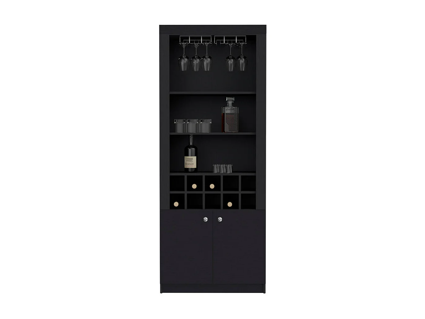 Mueble Bar Nebo en melamina con 4 estantes , 2 puertas , 10 portabotellas y 8 portacopas , negro , 190 cm  X 75 cm  X 36.5 cm