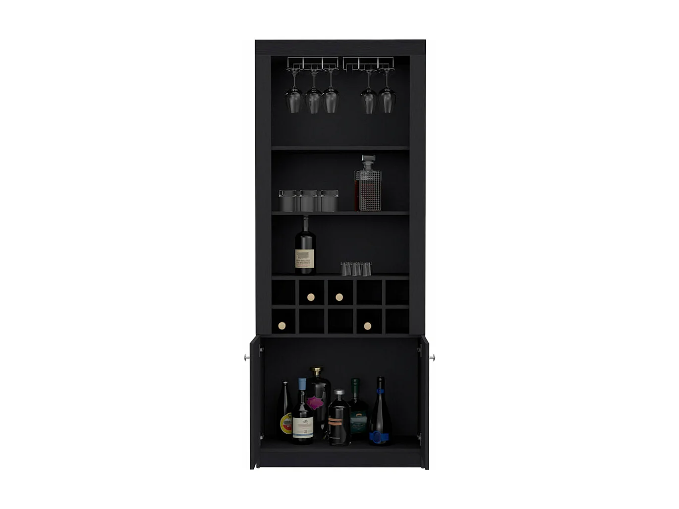 Mueble Bar Nebo en melamina con 4 estantes , 2 puertas , 10 portabotellas y 8 portacopas , negro , 190 cm  X 75 cm  X 36.5 cm