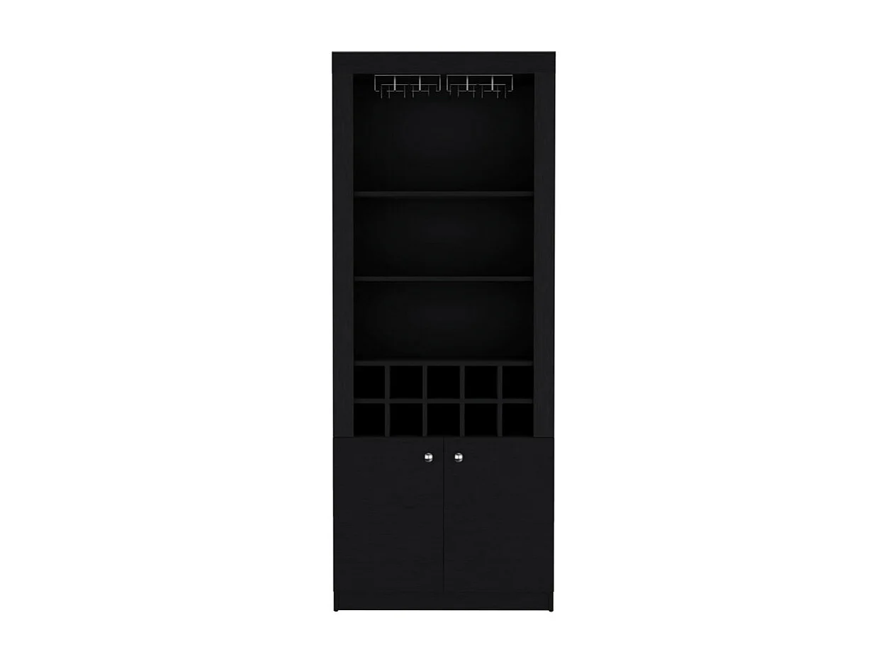 Mueble Bar Nebo en melamina con 4 estantes , 2 puertas , 10 portabotellas y 8 portacopas , negro , 190 cm  X 75 cm  X 36.5 cm
