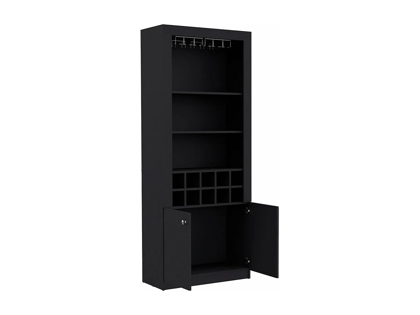 Mueble Bar Nebo en melamina con 4 estantes , 2 puertas , 10 portabotellas y 8 portacopas , negro , 190 cm  X 75 cm  X 36.5 cm