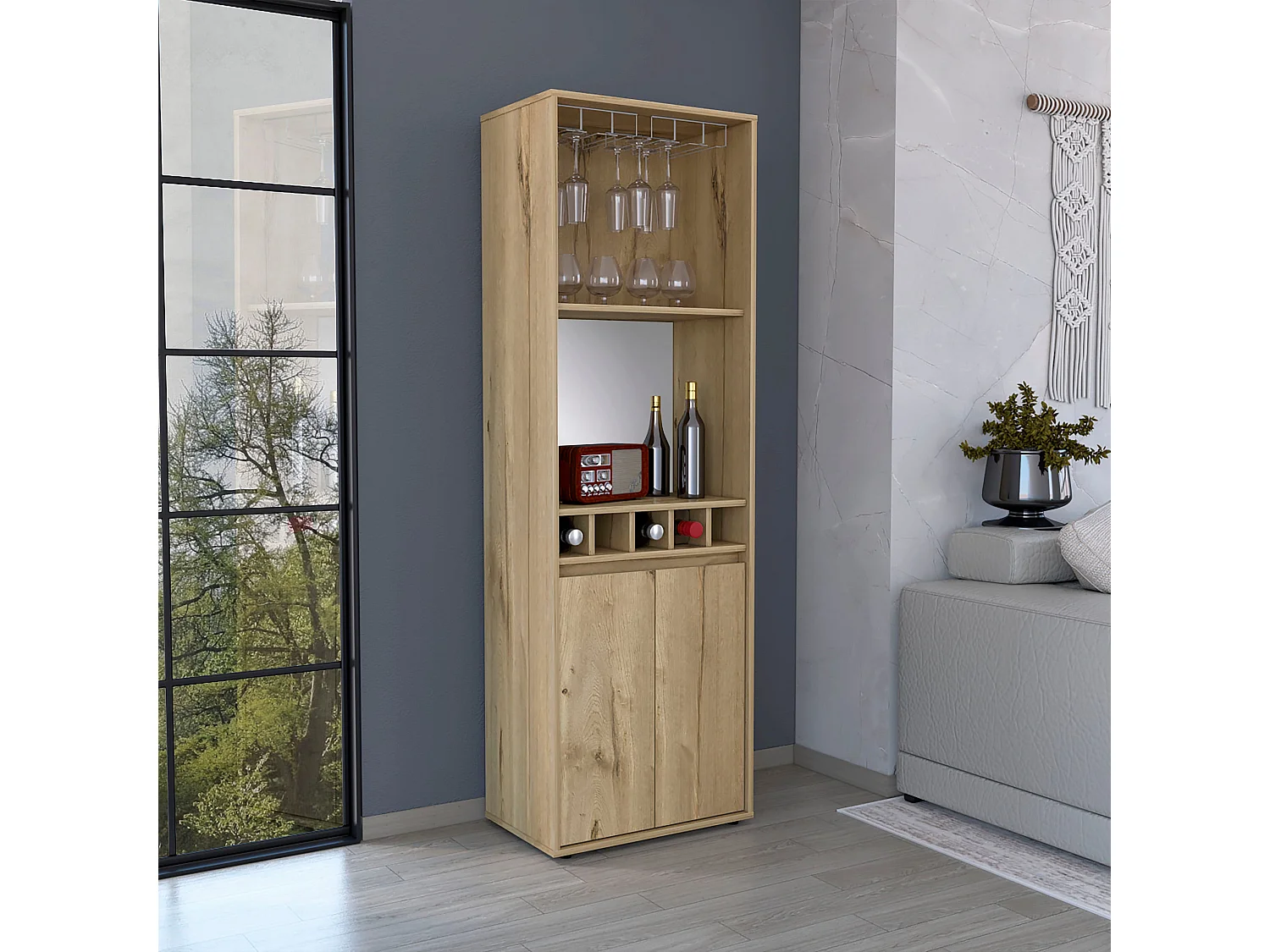 Armário bar em melamina Prana com 4 prateleiras, 2 portas, 4 suportes para garrafas e 6 suportes para copos, bege, 180 cm X 58.4 cm X 37 cm