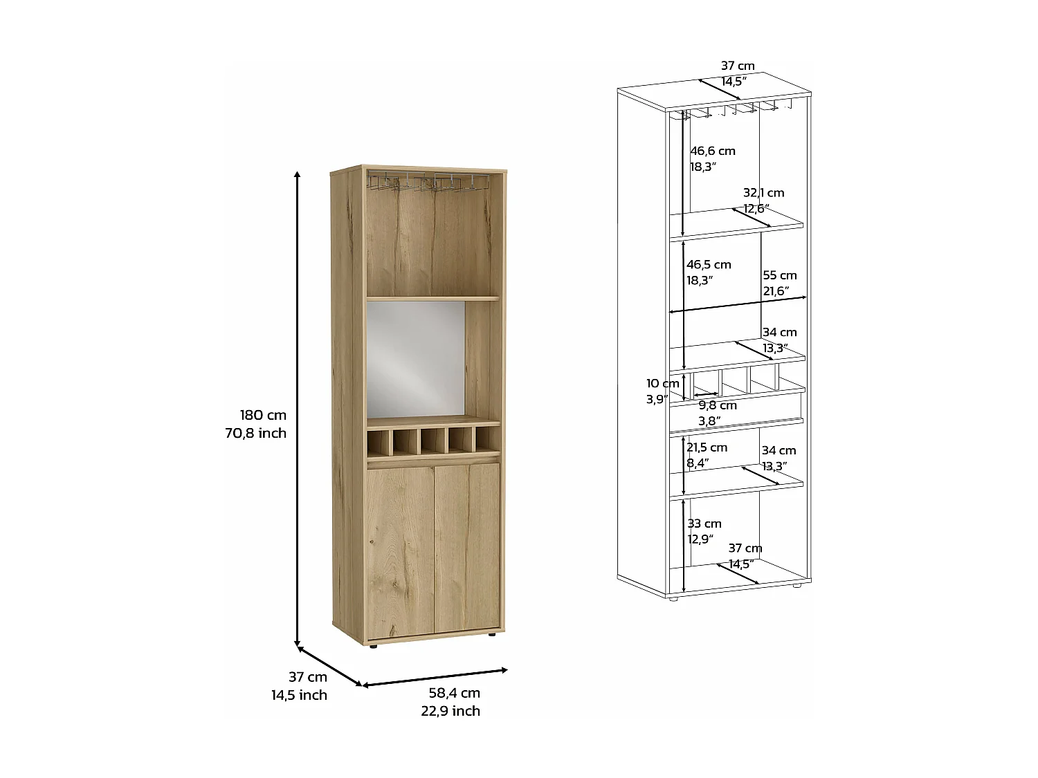 Armário bar em melamina Prana com 4 prateleiras, 2 portas, 4 suportes para garrafas e 6 suportes para copos, bege, 180 cm X 58.4 cm X 37 cm
