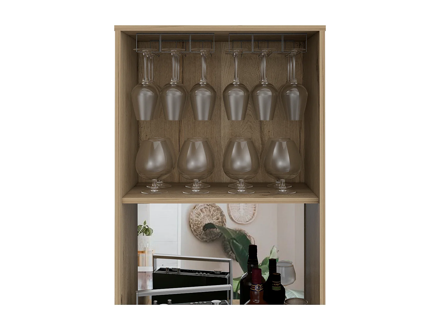 Armário bar em melamina Prana com 4 prateleiras, 2 portas, 4 suportes para garrafas e 6 suportes para copos, bege, 180 cm X 58.4 cm X 37 cm