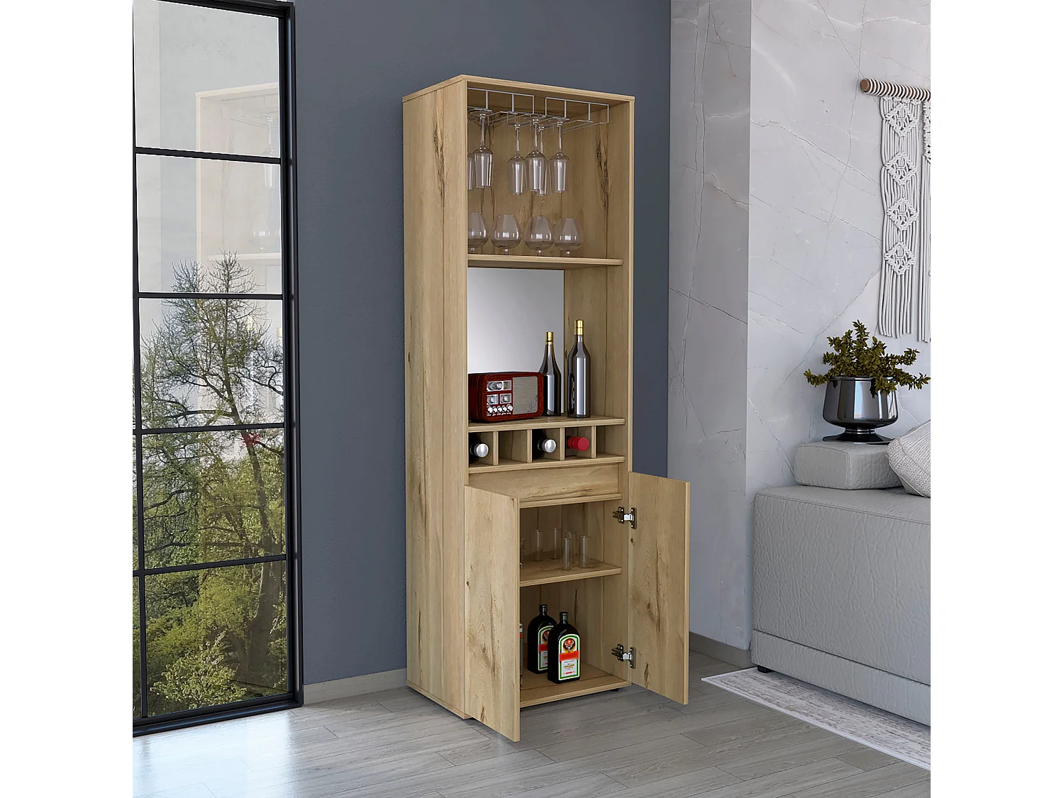 Mueble Bar Prana en melamina con 4 estantes , 2 puertas , 4 portabotellas y 6 portacopas , beige , 180 cm  X 58.4 cm  X 37 cm