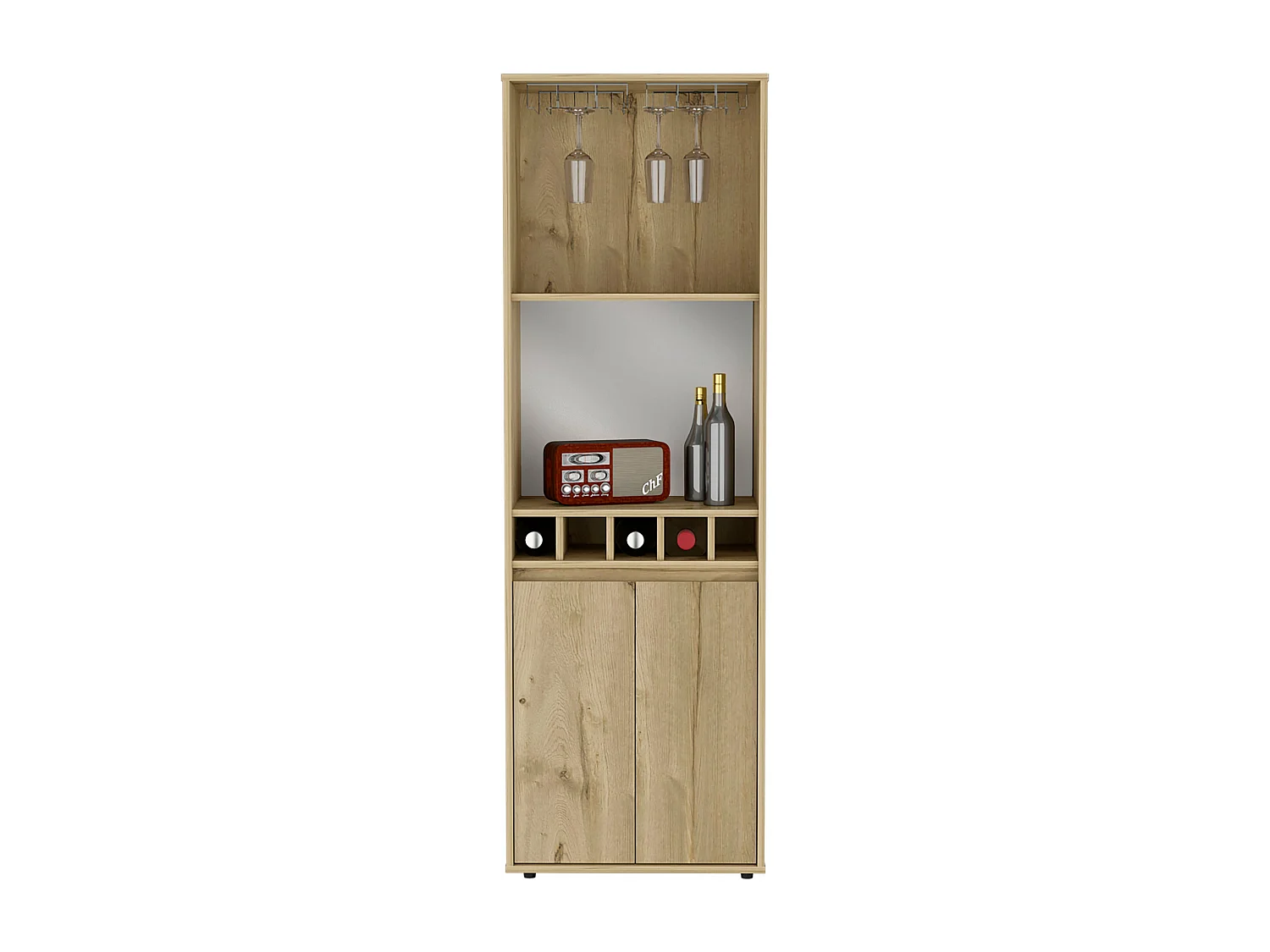 Mueble Bar Prana en melamina con 4 estantes , 2 puertas , 4 portabotellas y 6 portacopas , beige , 180 cm  X 58.4 cm  X 37 cm