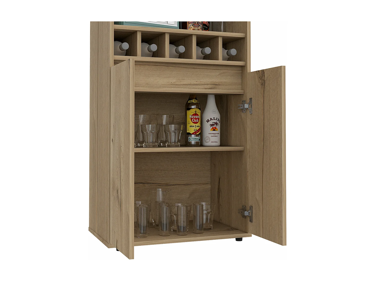 Mueble Bar Prana en melamina con 4 estantes , 2 puertas , 4 portabotellas y 6 portacopas , beige , 180 cm  X 58.4 cm  X 37 cm