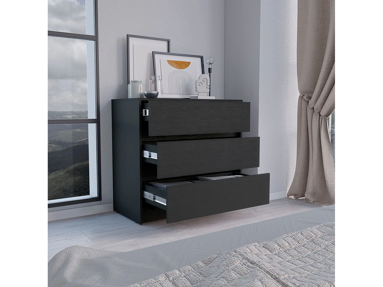 Comò Austin in melamina con 3 cassetti con guide metalliche, nero , 80 cm X 85 cm X 42 cm