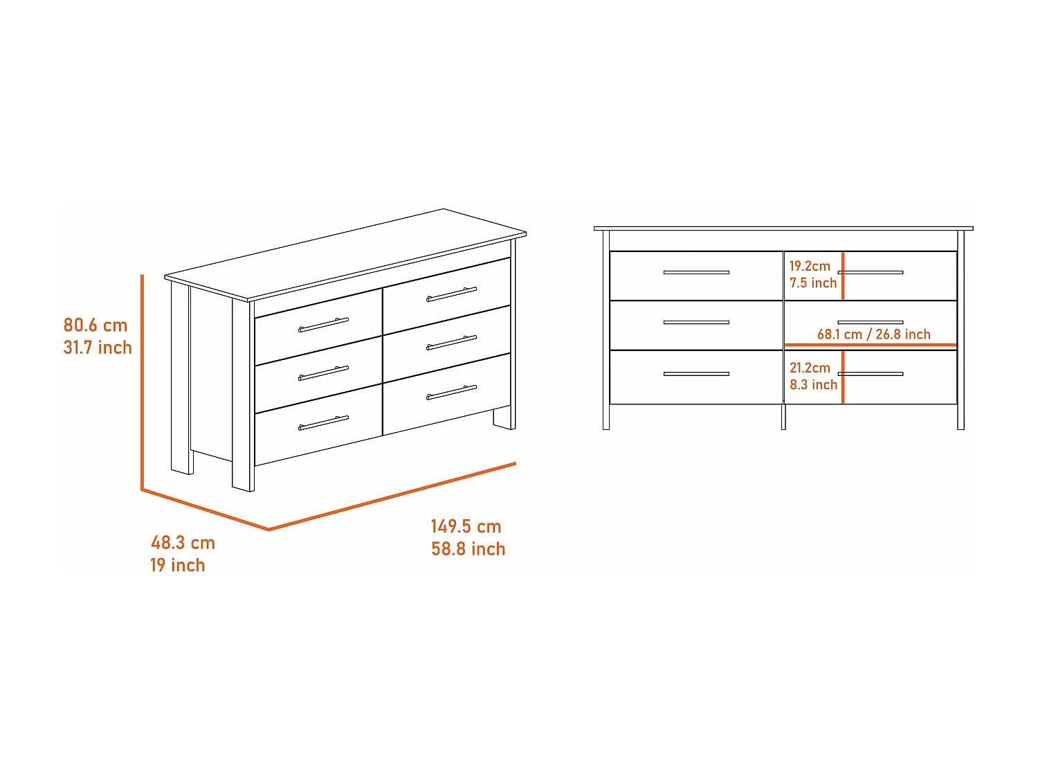 Comoda doble Hms en melamina con 6 cajones de rieles metalicos , Blanco , 80.6 cm  X 149.5 cm  X 48.3 cm