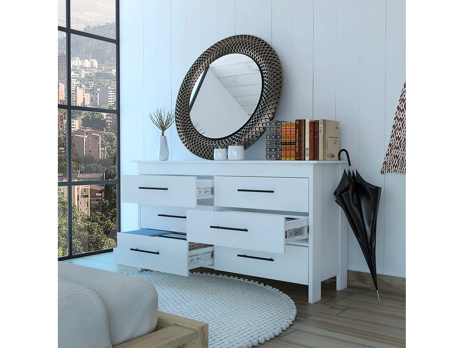 Comoda doble Hms en melamina con 6 cajones de rieles metalicos , Blanco , 80.6 cm  X 149.5 cm  X 48.3 cm