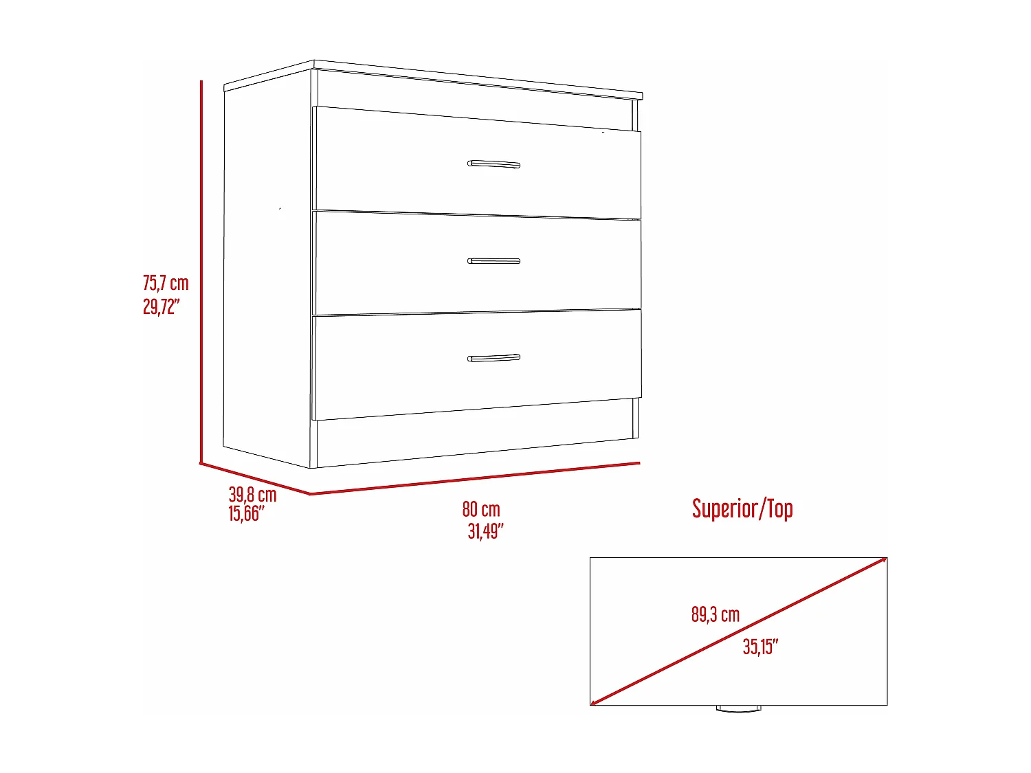 Comò Melia in melamina con 3 cassetti con guide in metallo, multicolore, 75.7 cm X 80 cm X 39.8 cm