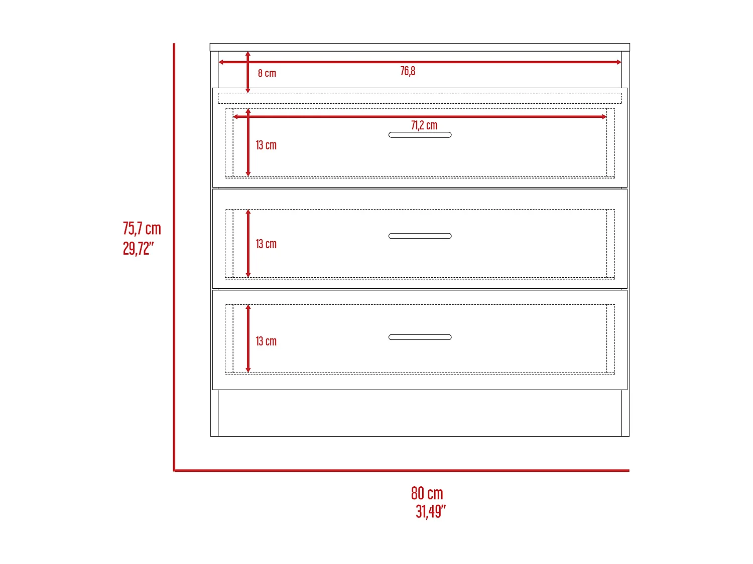 Comò Melia in melamina con 3 cassetti con guide in metallo, multicolore, 75.7 cm X 80 cm X 39.8 cm