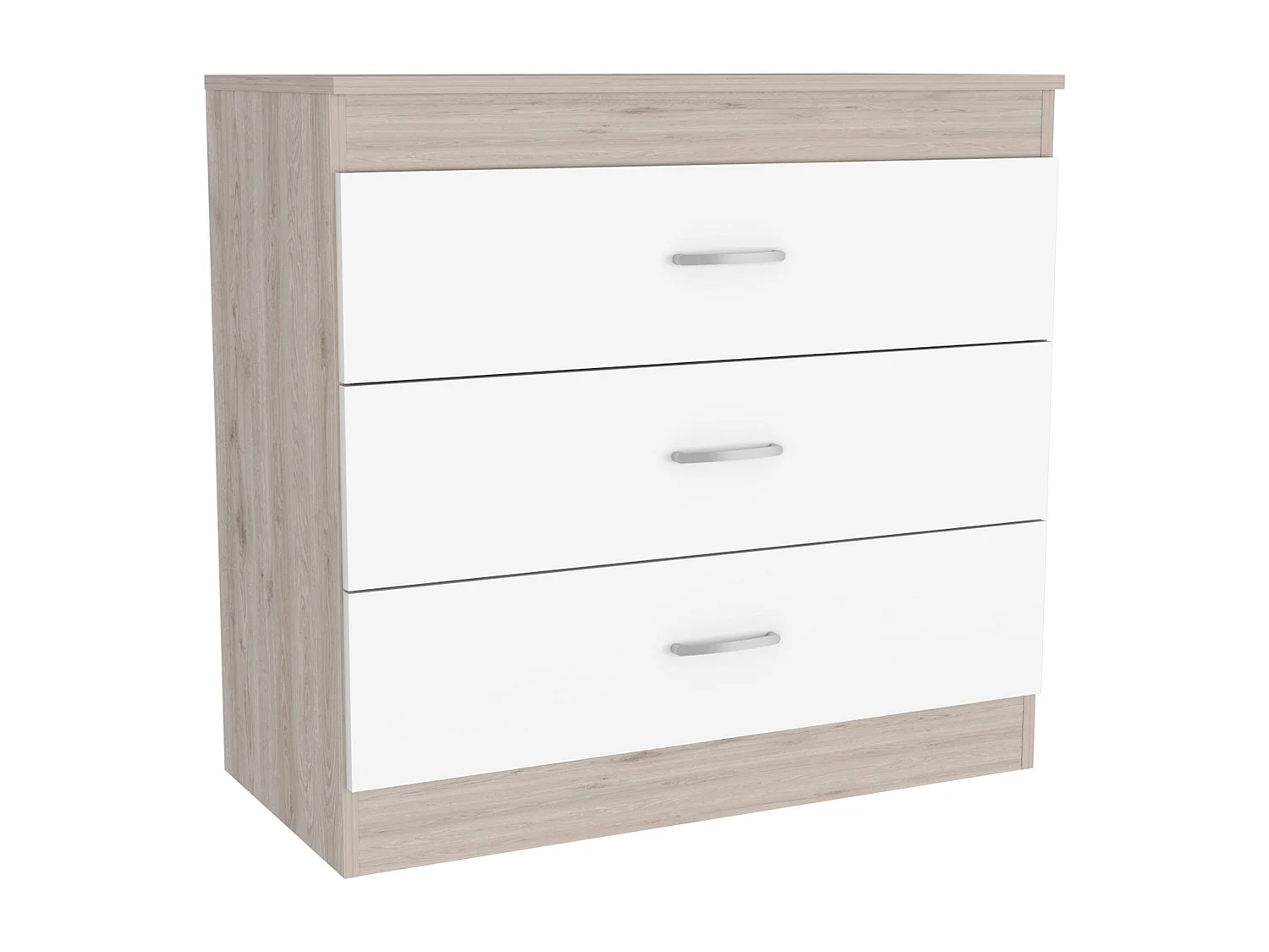 Comò Melia in melamina con 3 cassetti con guide in metallo, multicolore, 75.7 cm X 80 cm X 39.8 cm