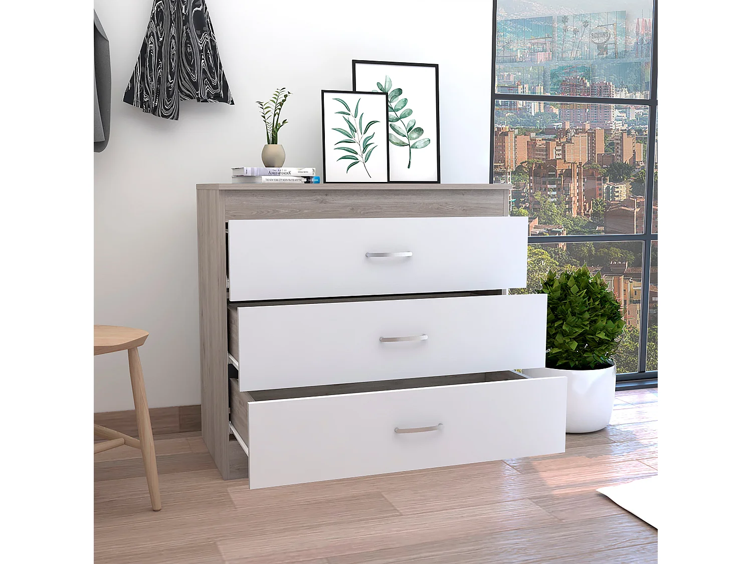 Comò Melia in melamina con 3 cassetti con guide in metallo, multicolore, 75.7 cm X 80 cm X 39.8 cm