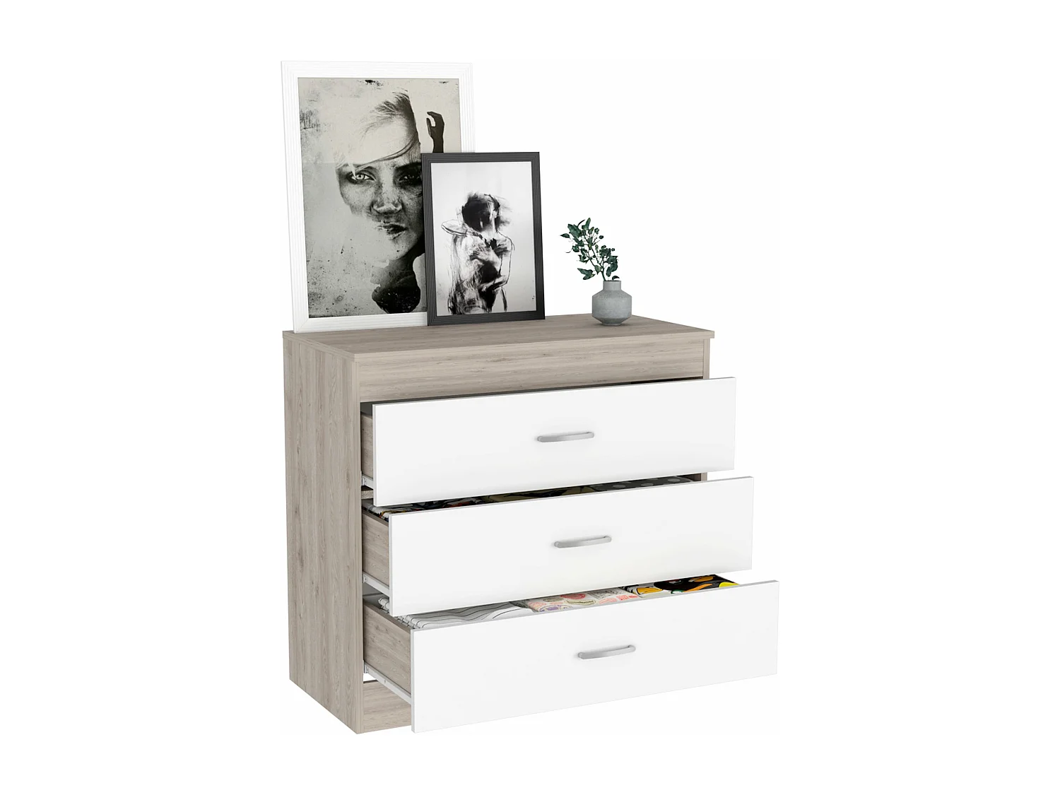 Comò Melia in melamina con 3 cassetti con guide in metallo, multicolore, 75.7 cm X 80 cm X 39.8 cm