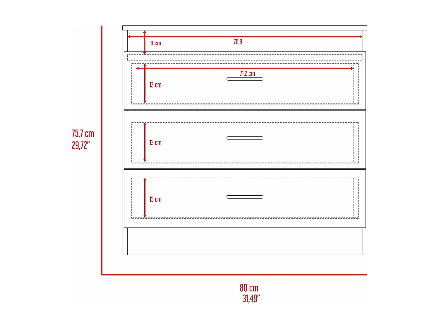 Comò Melia in melamina con 3 cassetti con guide in metallo, multicolore, 75.7 cm X 80 cm X 39.8 cm