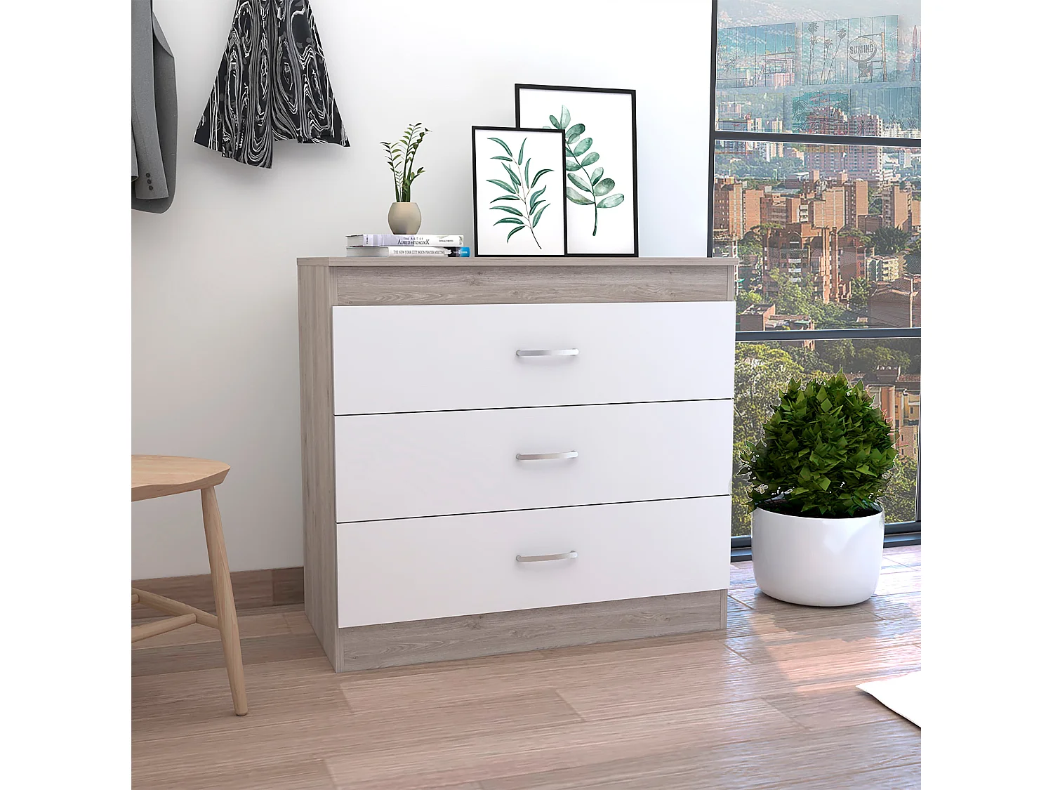 Comò Melia in melamina con 3 cassetti con guide in metallo, multicolore, 75.7 cm X 80 cm X 39.8 cm