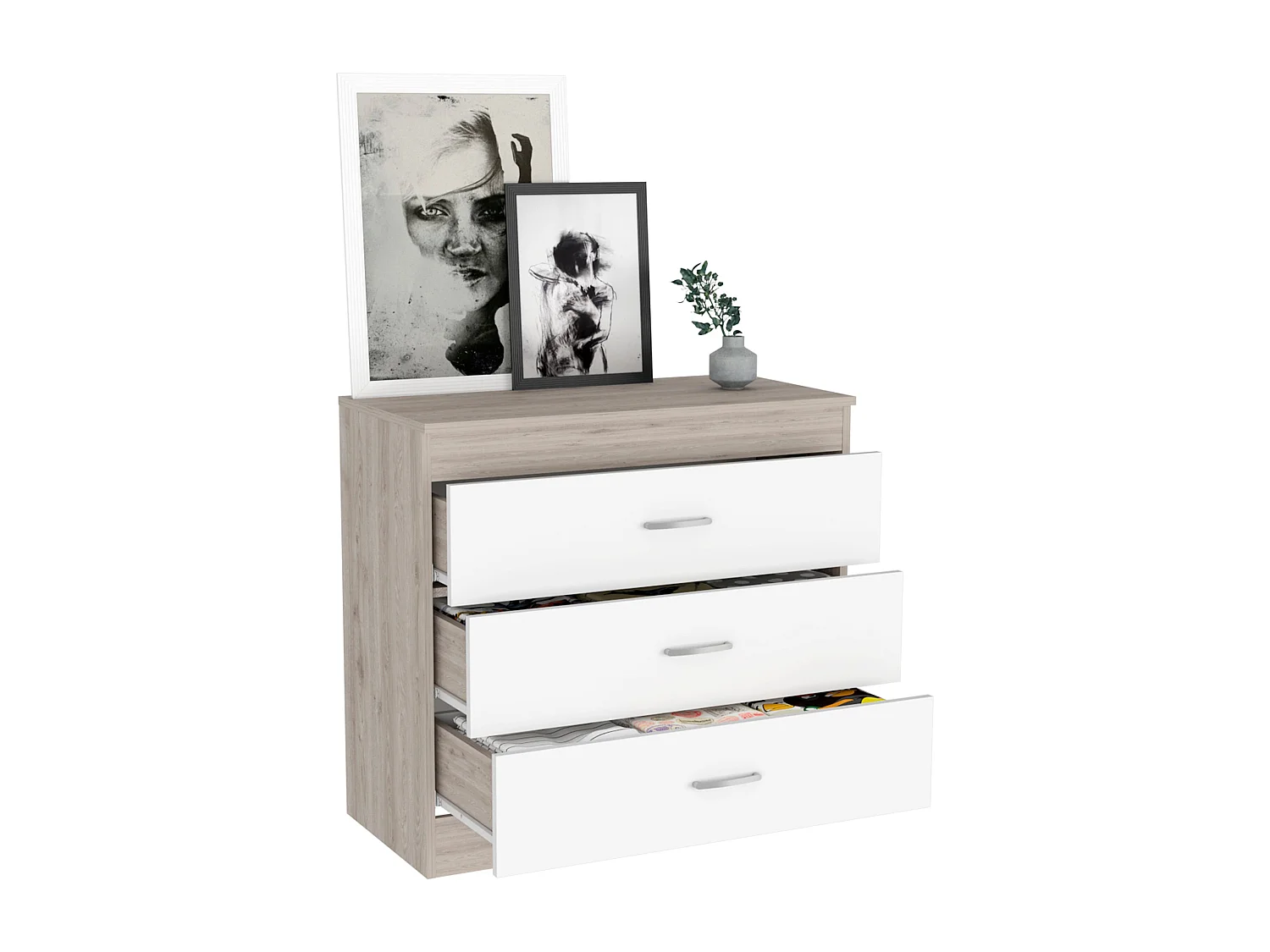 Comò Melia in melamina con 3 cassetti con guide in metallo, multicolore, 75.7 cm X 80 cm X 39.8 cm