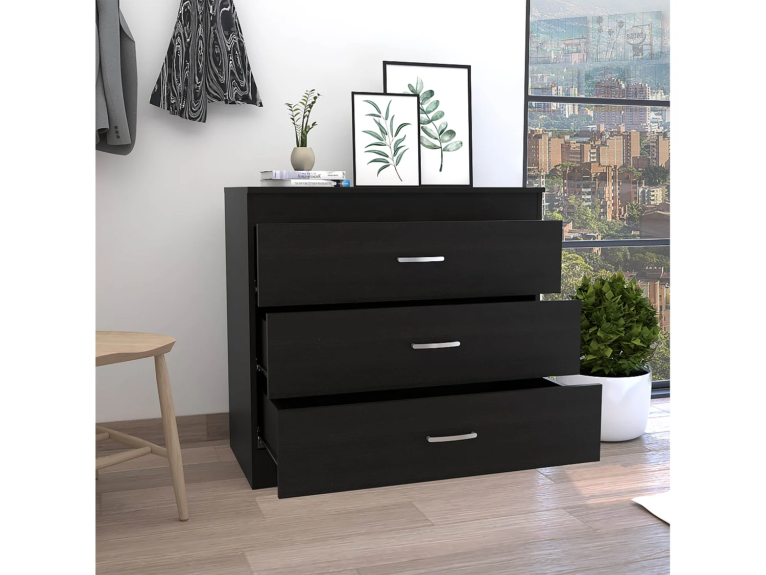 Cómoda Melia em melamina com 3 gavetas com calhas metálicas, preto, 75.7 cm X 80 cm X 39.8 cm