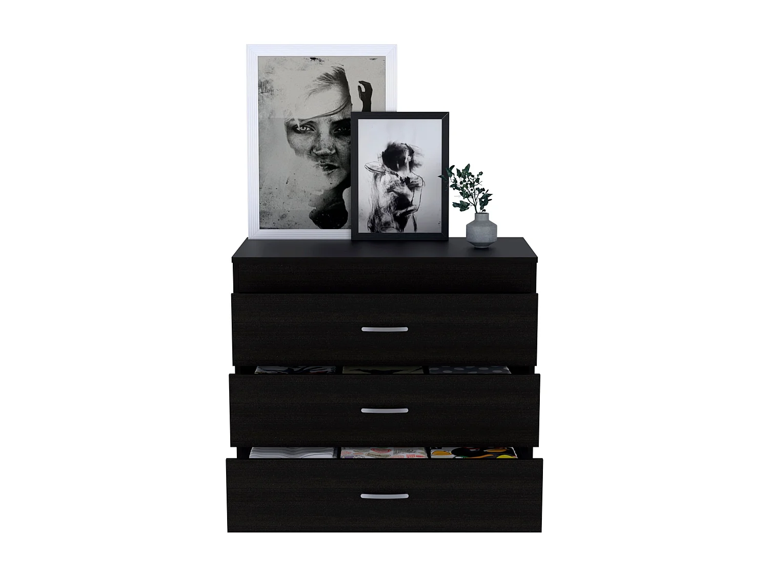 Cómoda Melia em melamina com 3 gavetas com calhas metálicas, preto, 75.7 cm X 80 cm X 39.8 cm