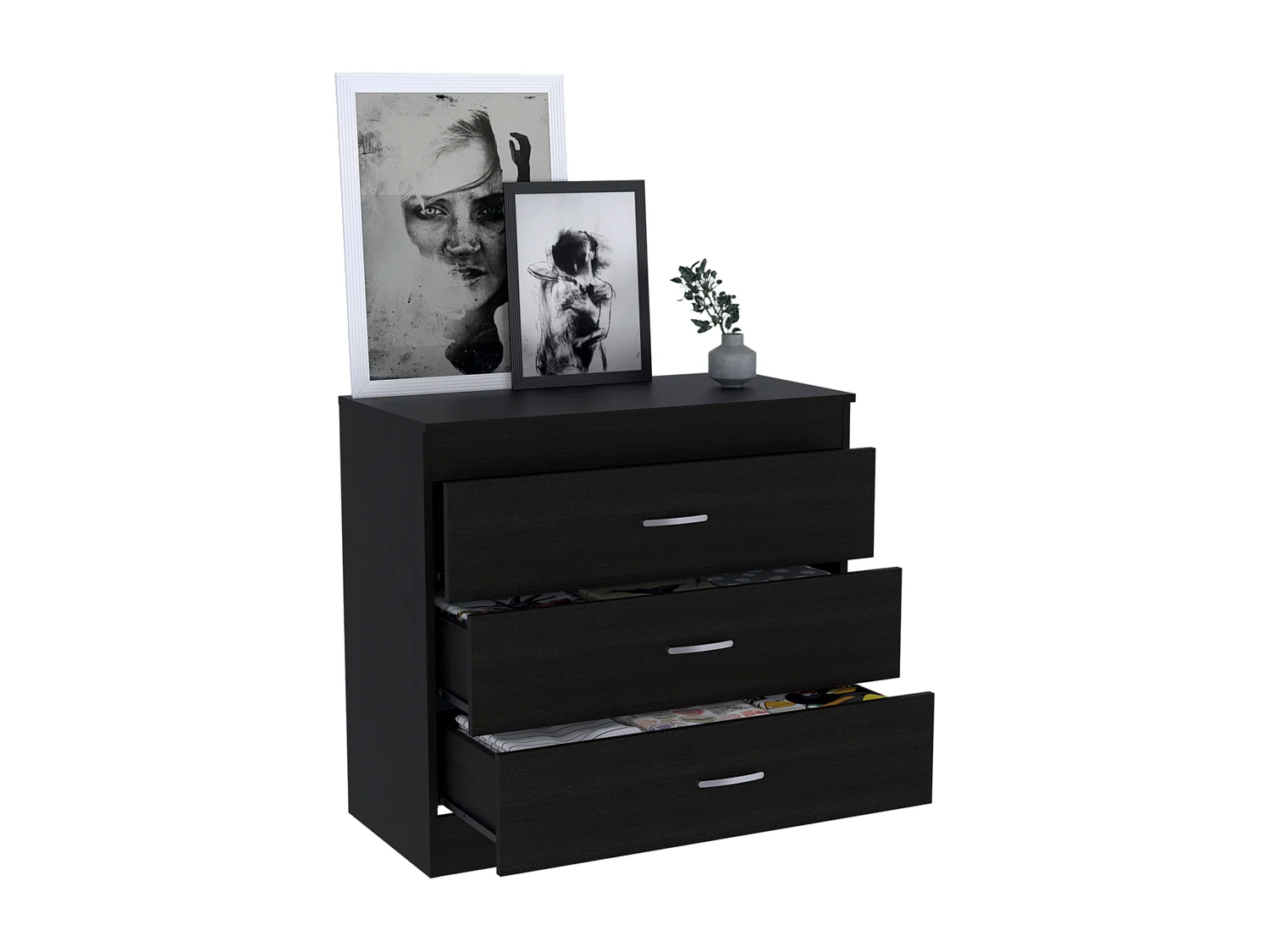 Cómoda Melia em melamina com 3 gavetas com calhas metálicas, preto, 75.7 cm X 80 cm X 39.8 cm