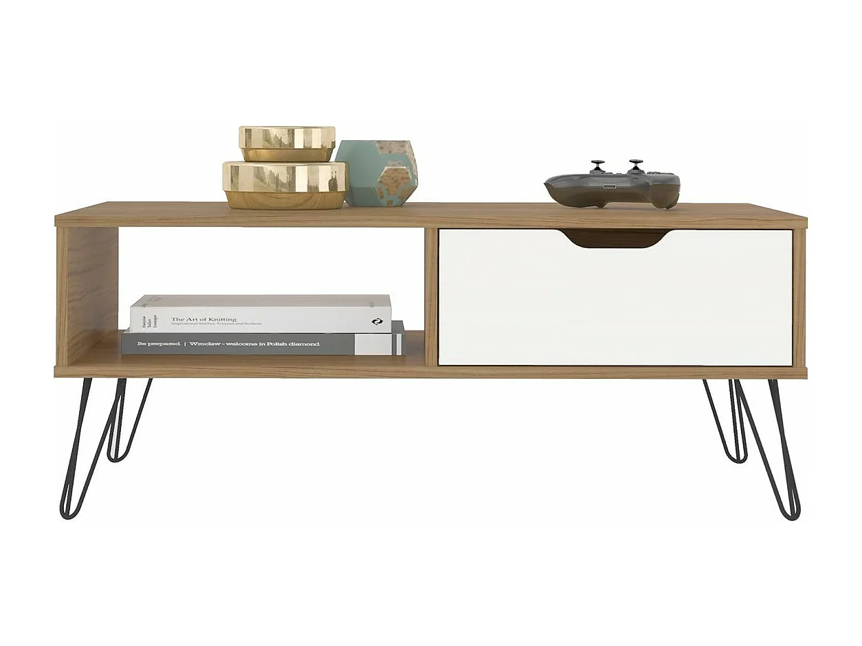 Mesa de centro ESTOCOLMO en MDF lacado blanco y roble. Con 1 cajón y estante. Med:100x54x40,5H cm