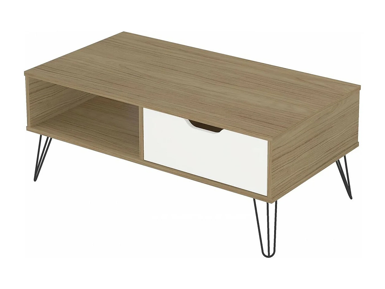 Mesa de centro ESTOCOLMO en MDF lacado blanco y roble. Con 1 cajón y estante. Med:100x54x40,5H cm