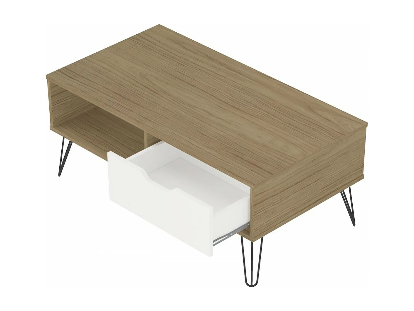 Mesa de centro ESTOCOLMO en MDF lacado blanco y roble. Con 1 cajón y estante. Med:100x54x40,5H cm