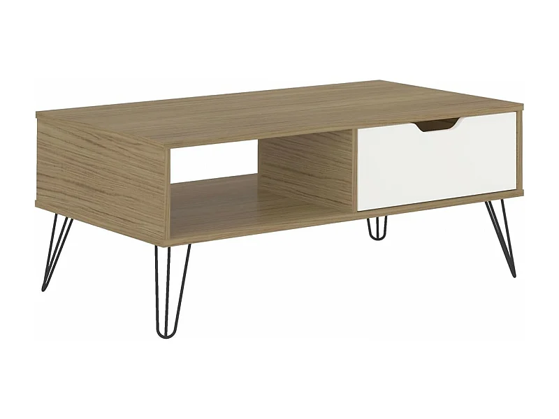 Mesa de centro ESTOCOLMO en MDF lacado blanco y roble. Con 1 cajón y estante. Med:100x54x40,5H cm