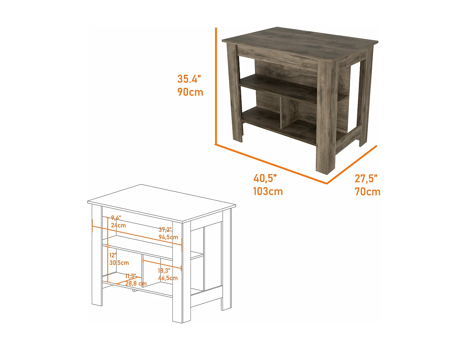 Isola da cucina Cala in melaminico con 3 ripiani, marrone, 90 cm X 103 cm X 70 cm