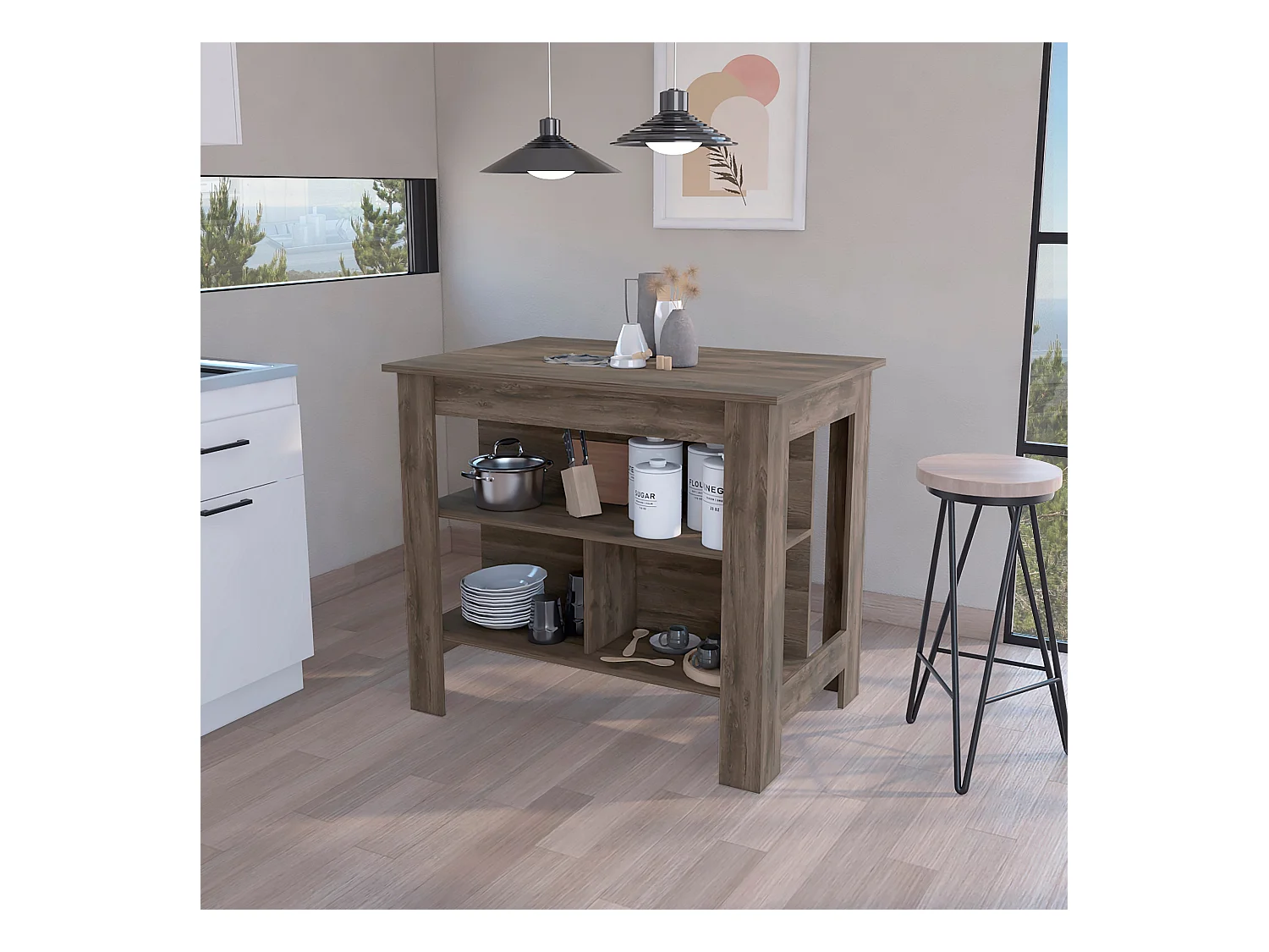 Ilha de cozinha Cala em melamina com 3 prateleiras, castanho, 90 cm X 103 cm X 70 cm