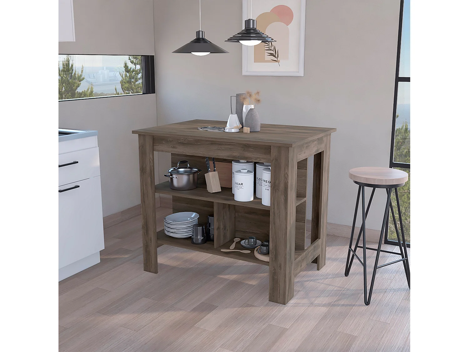 Ilot de cuisine Cala en mélaminé avec 3 étagères, marron, 90 cm X 103 cm X 70 cm