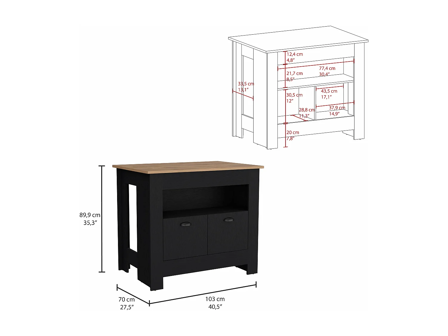 Isla de cocina Arlet en melamina con 2 puertas y 3 estantes , Multicolor , 89.9 cm  X 103 cm  X 70 cm
