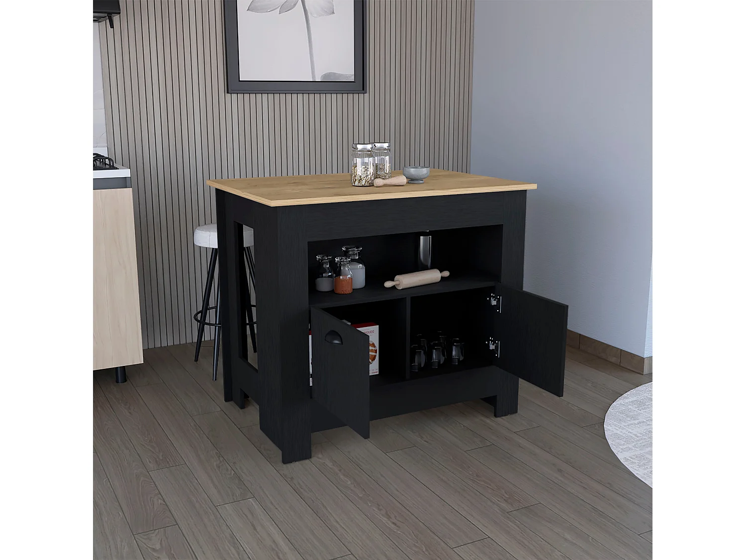 Ilha de cozinha Arlet em melamina com 2 portas e 3 prateleiras, Multicolor , 89.9 cm X 103 cm X 70 cm