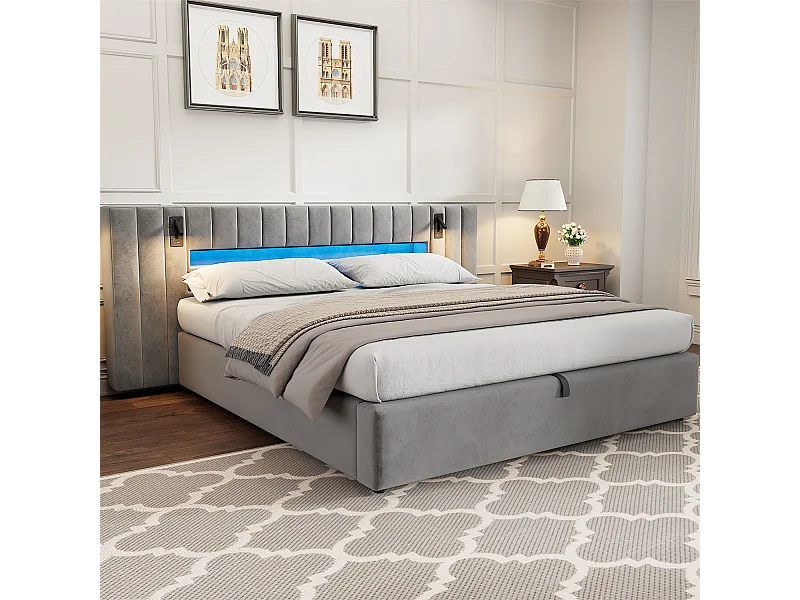 Cama estofada 180 x 200, cama de casal com entrada USB, estrutura de cama com iluminação LED, sem colchão