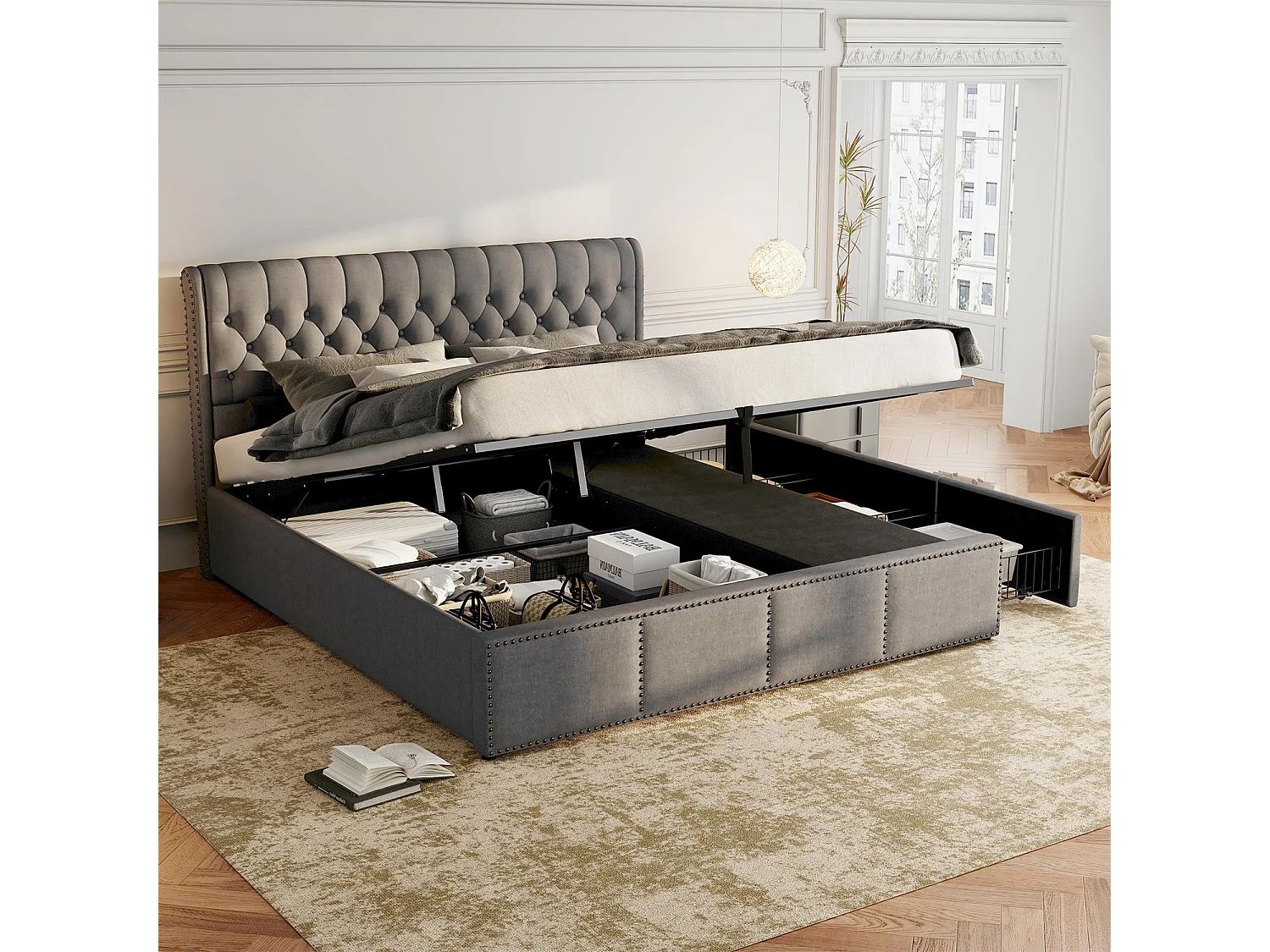 Lit rembourré 160x200 cm, avec 3 tiroirs, lit hydraulique, décoration en clous, lin, sans matelas