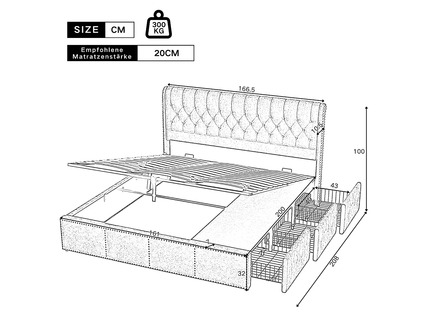 Lit rembourré 160x200 cm, avec 3 tiroirs, lit hydraulique, décoration en clous, lin, sans matelas