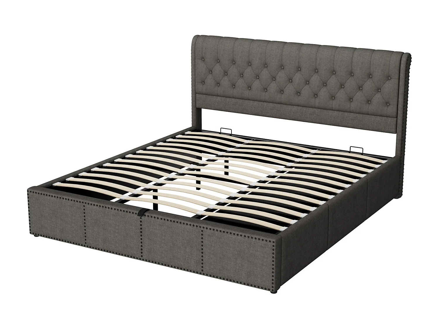 Lit rembourré 160x200 cm, avec 3 tiroirs, lit hydraulique, décoration en clous, lin, sans matelas