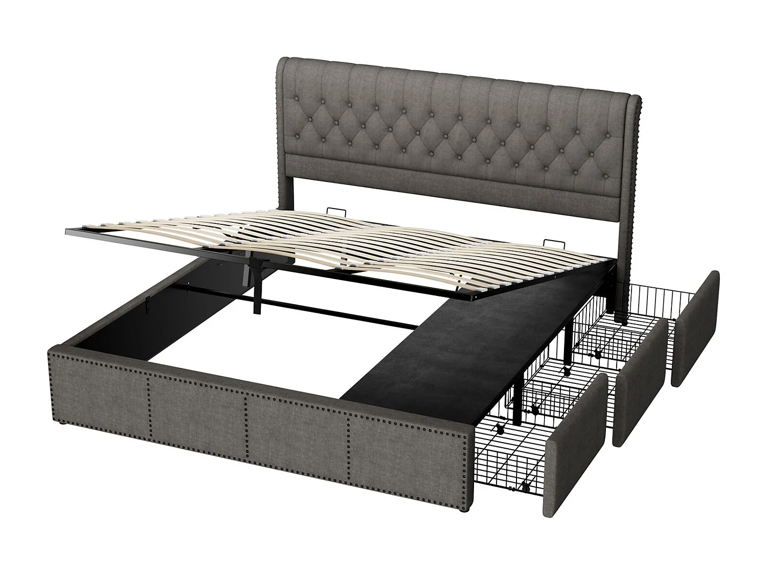 Lit rembourré 160x200 cm, avec 3 tiroirs, lit hydraulique, décoration en clous, lin, sans matelas