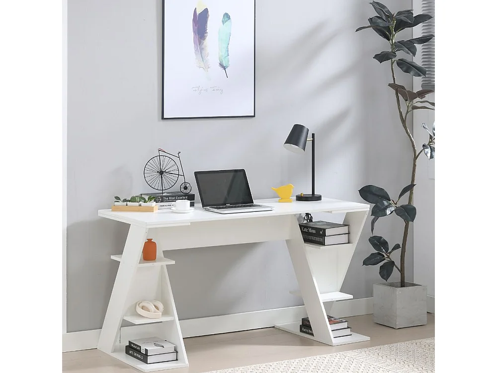 Scrivania da Ufficio Tavolo Pc in Legno, Ampio Ripiano con 6 Mensole per Casa e Studio, Bianco e Rovere cm 137x60x75h